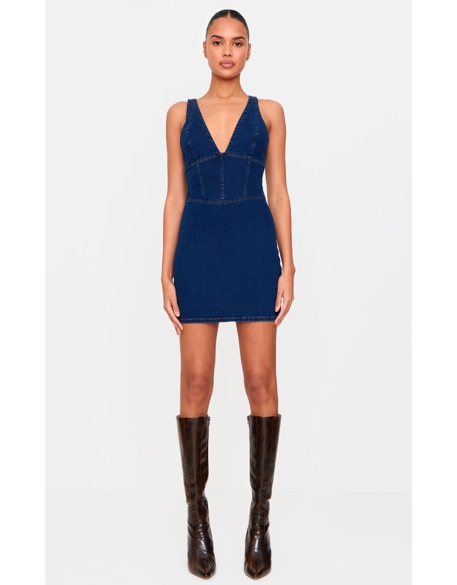 Indigo Plunge Corset Style Denim Mini Dress
