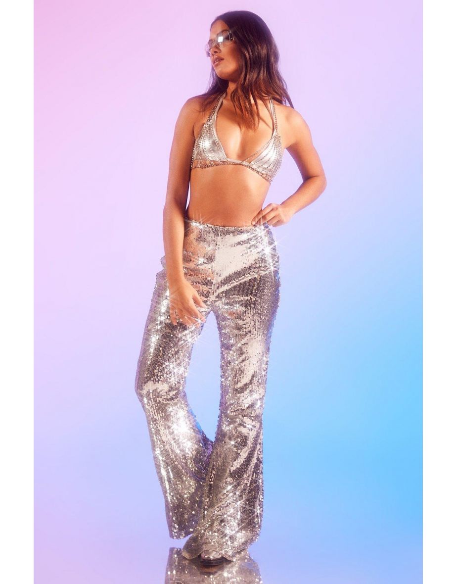High Waisted Sequin Flares - silver - 3