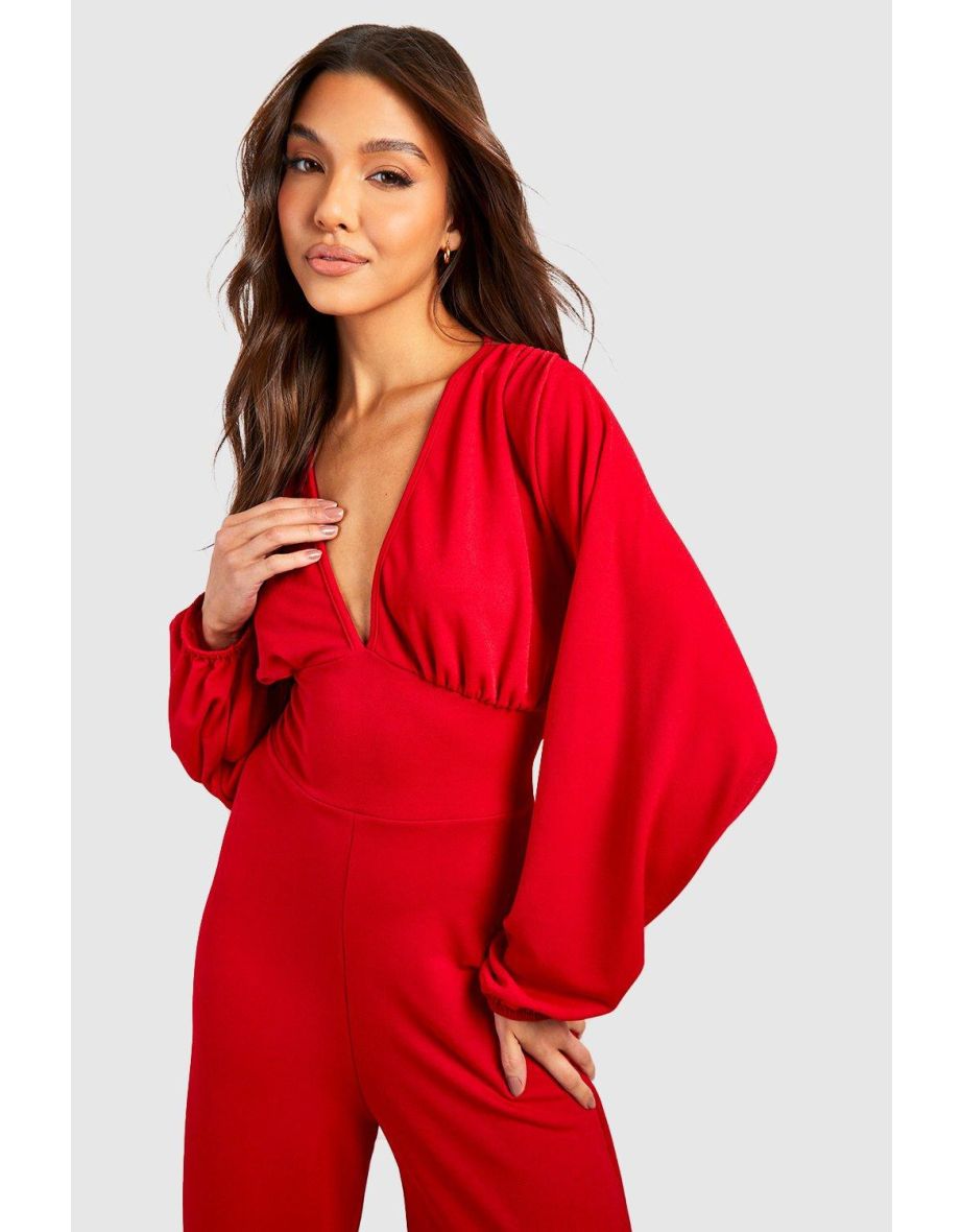 Puff Sleeve Wide Leg Jumpsuit - red - 3