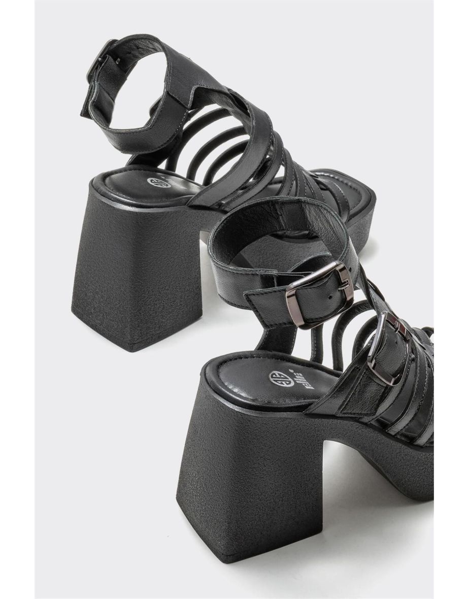 Black Leather Women's Heeled Sandals - 3
