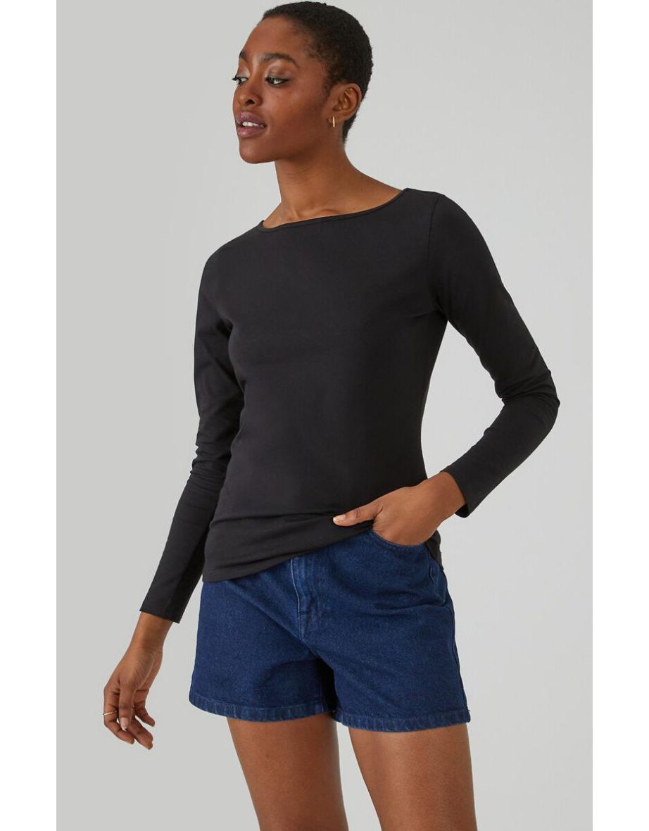 Cotton Boat Neck T-Shirt with Long Sleeves