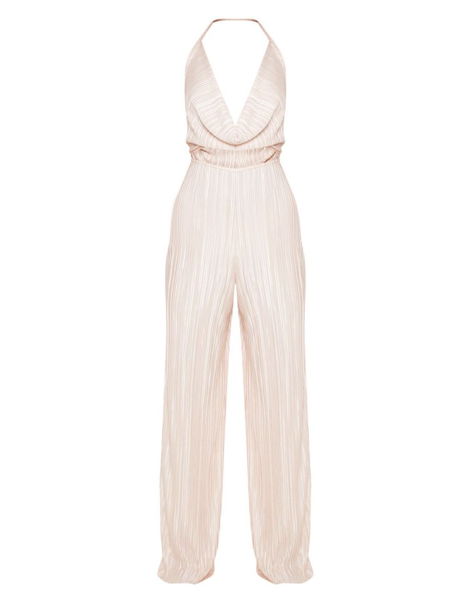 Champagne Pleated Cowl Neck Cut Out Detail Jumpsuit - 3
