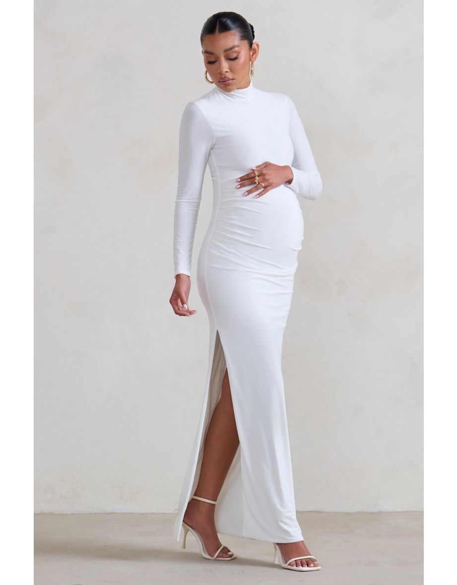Alejandra | White Maternity Long Sleeve High Neck Maxi Dress - 3