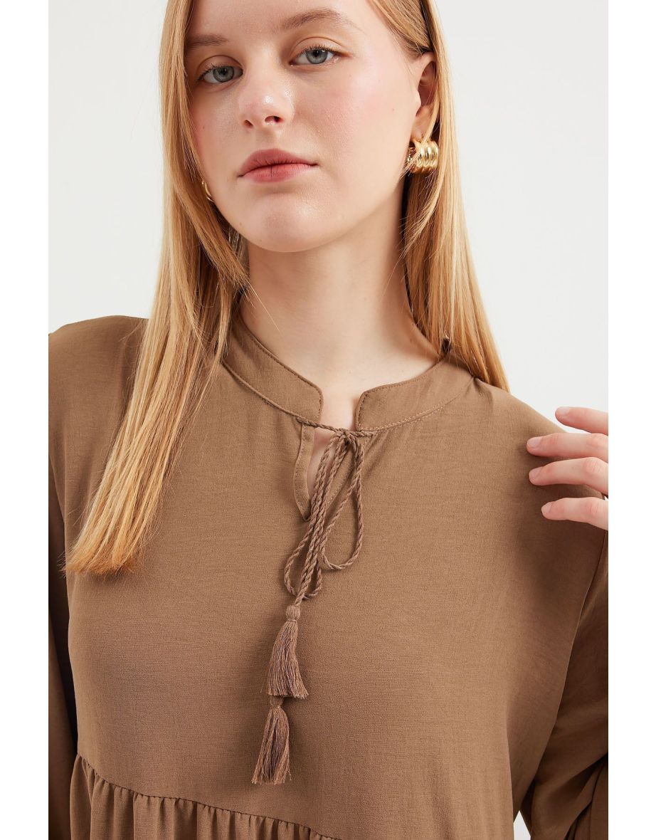 Collar Lace-Up Hijab Dress - Milk Brown - 5