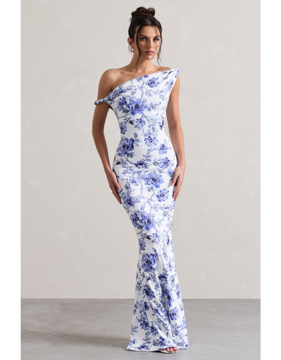 Lita | Blue Floral Twisted Asymmetric Floor Dress
