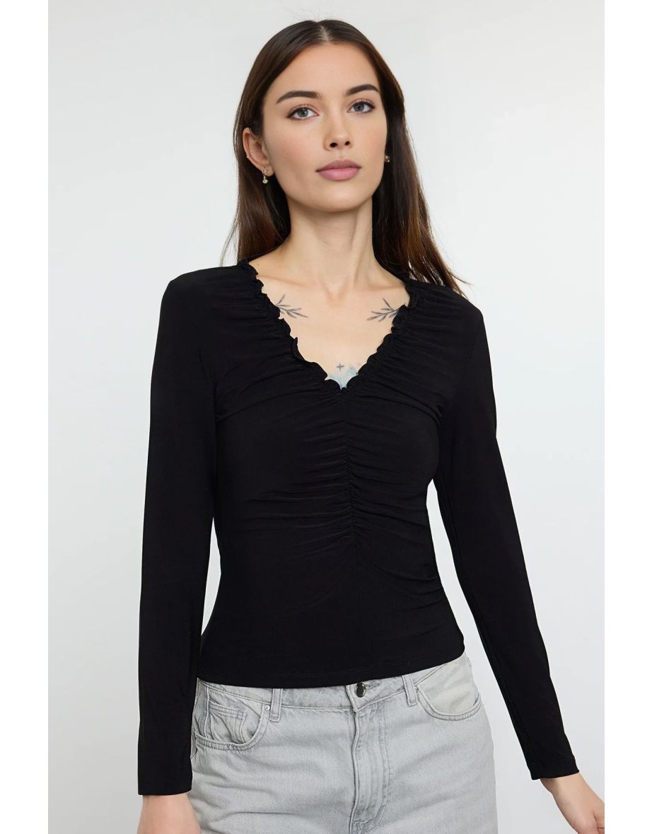 Black Drawstring/Drape Detail V-Neck Body-Fitting Stretchy Knitted Blouse