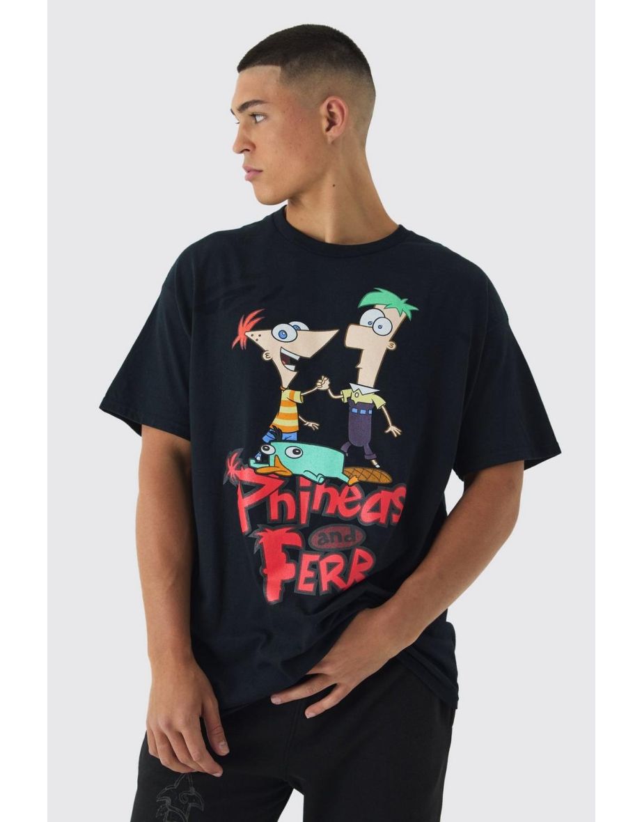 Oversized Disney Phineas and Ferb Wash License Print T-Shirt - black