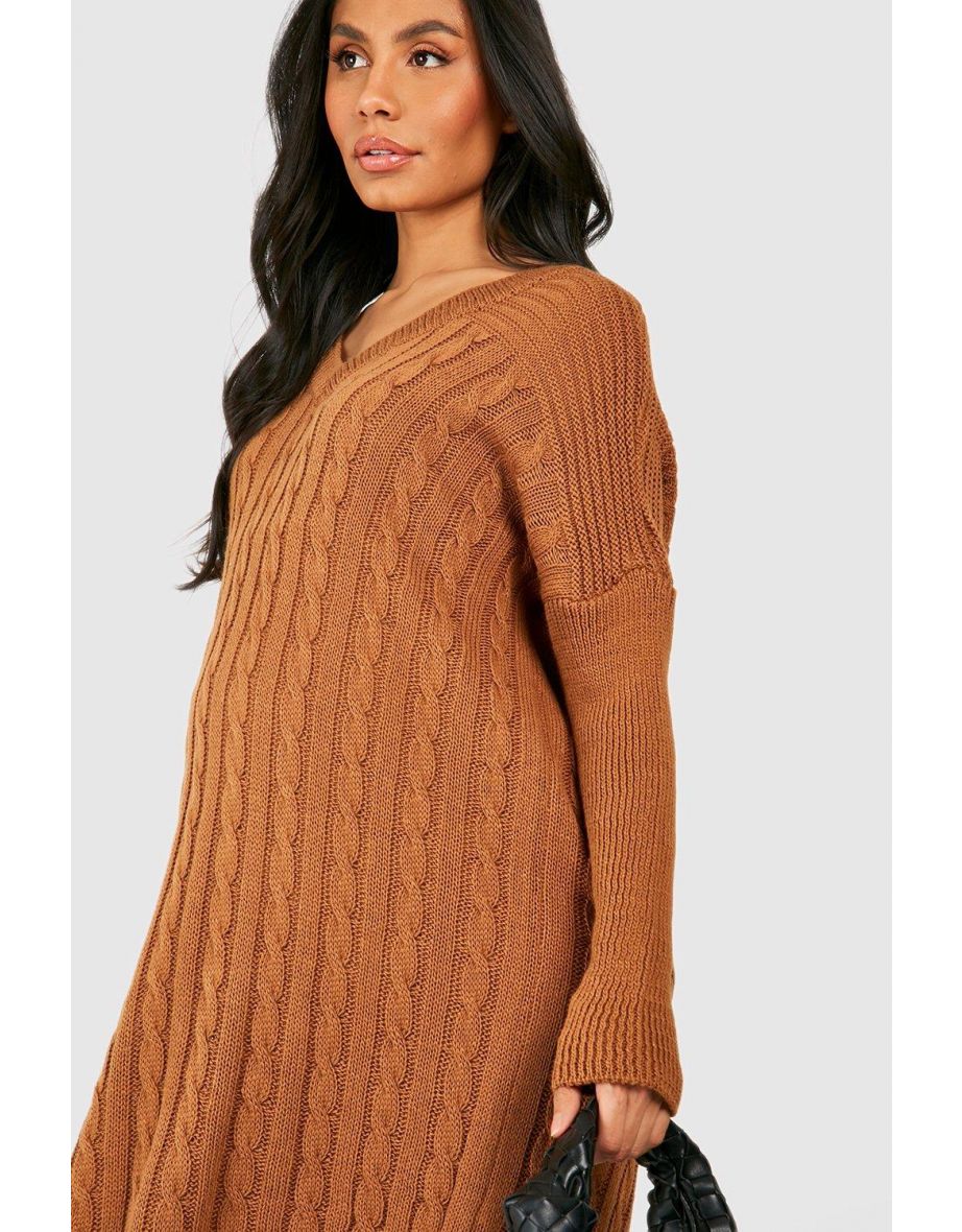 Maternity V Neck Knitted Jumper Dress - chocolate - 3