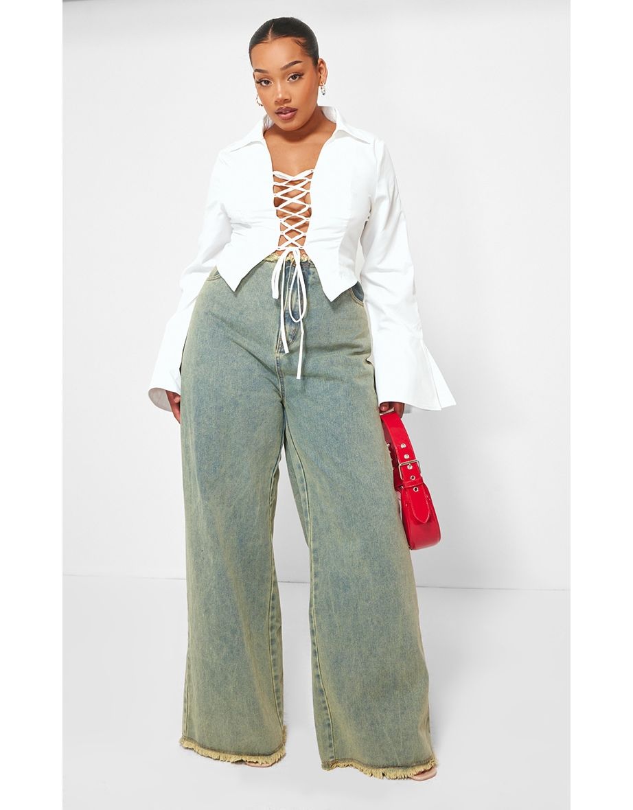 Plus White Flared Sleeve Lace Up Shirt