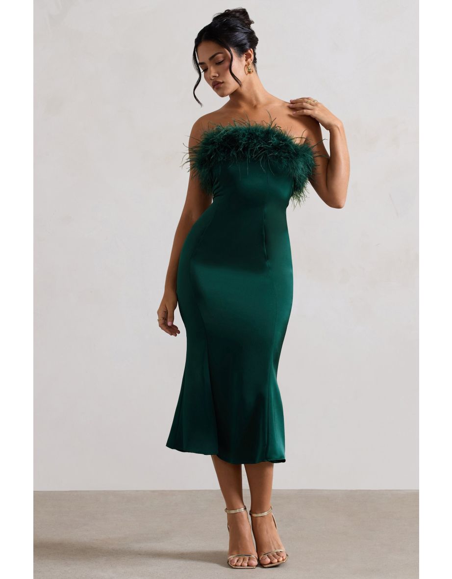 One And Only | Green Satin Feather Trim Midaxi Dress - 4