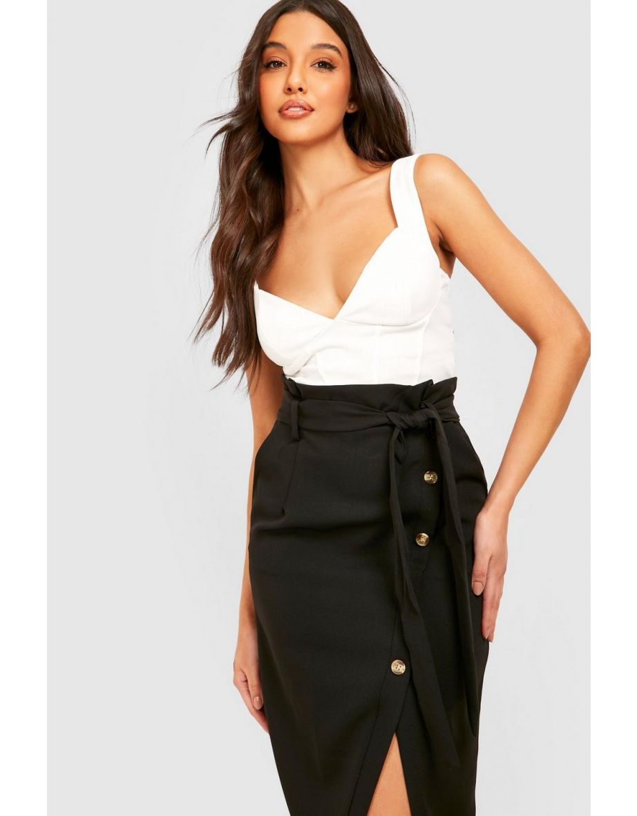 Belted Button Front Pencil Skirt - black - 3