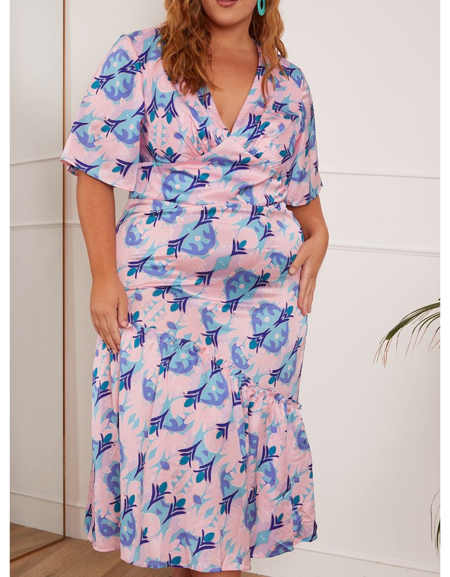 Plus Size V Neck Abstract Print Midaxi Dress in Pink - 4