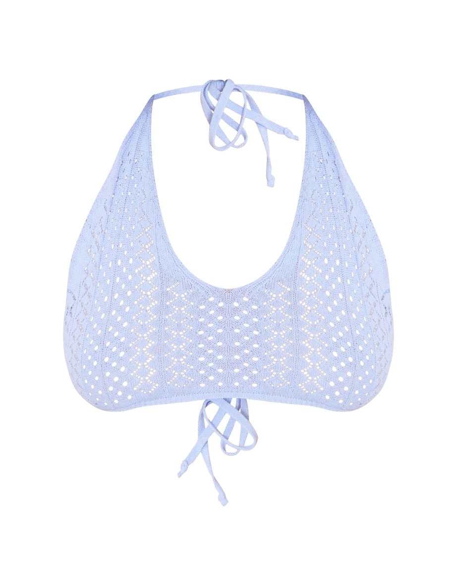 Cornflower Blue Pattern Crochet Halter Bralette - 4