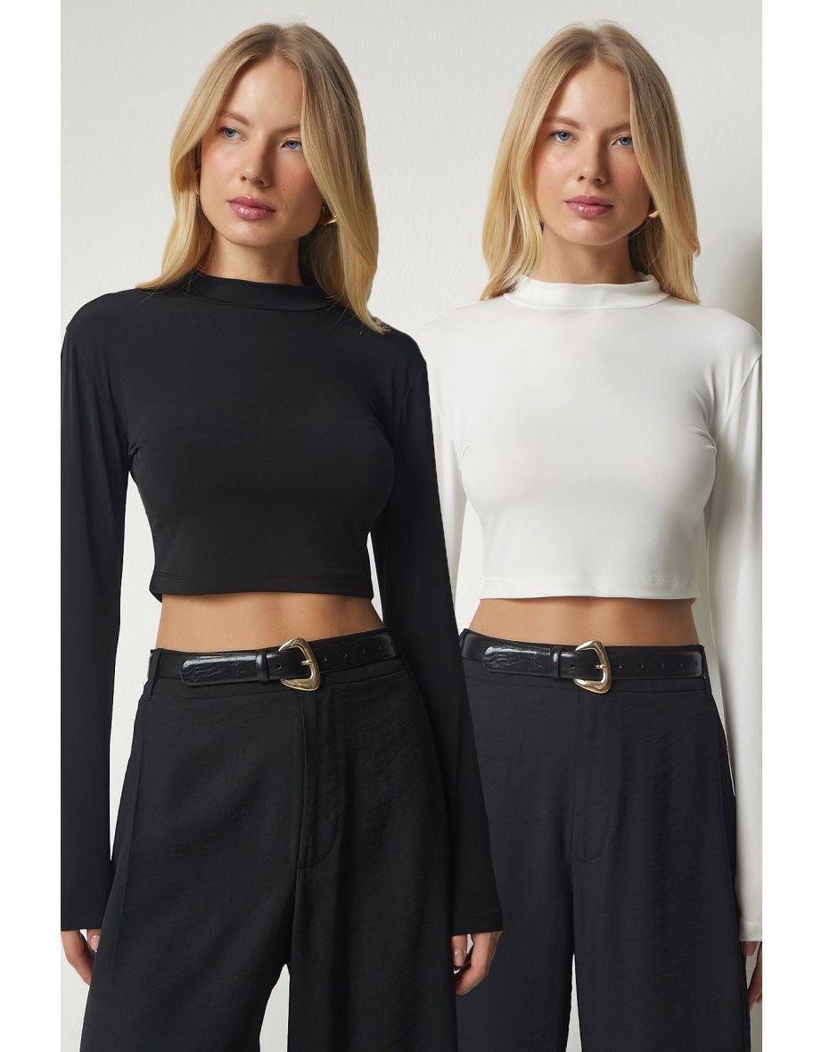 Women's Black Ecru Stand Up Collar 2-Pack Sandy Crop Top