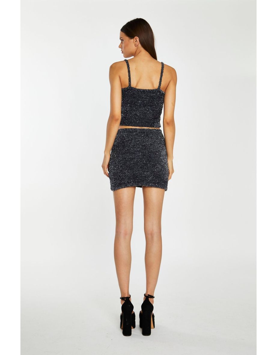 Black-Silver Tinsel Cross-Over Front Mini-Skirt - 3