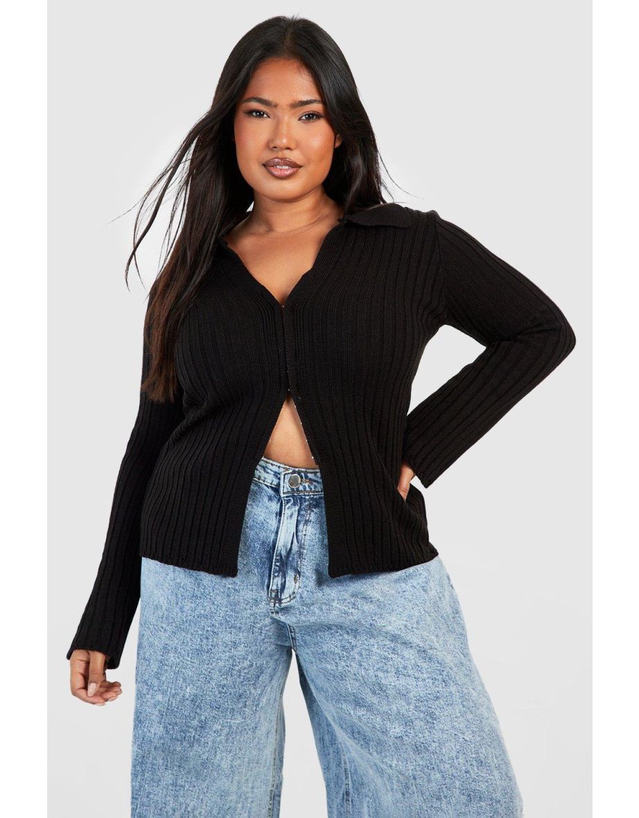 Plus Long Sleeve Hook And Eye Knitted Collared Top - black