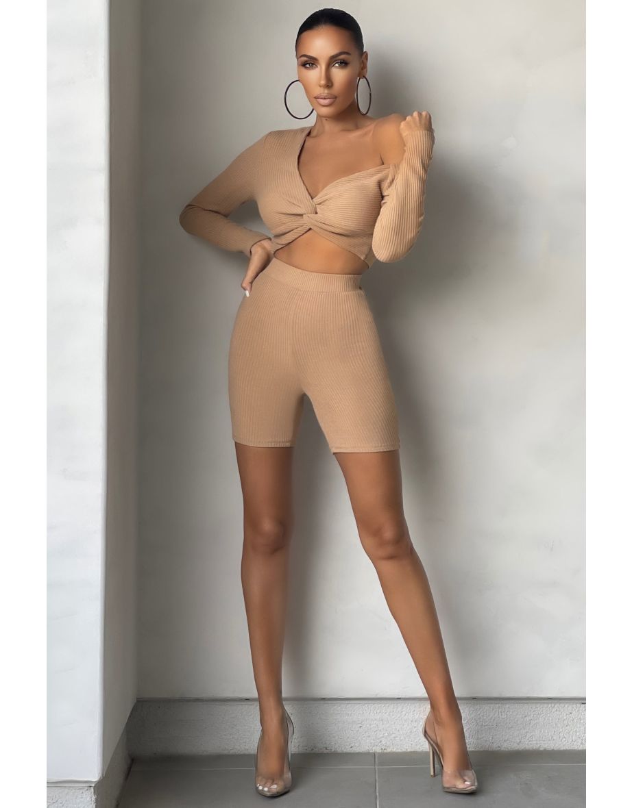 Camel Ribbed high Waist Cycling Short - 3