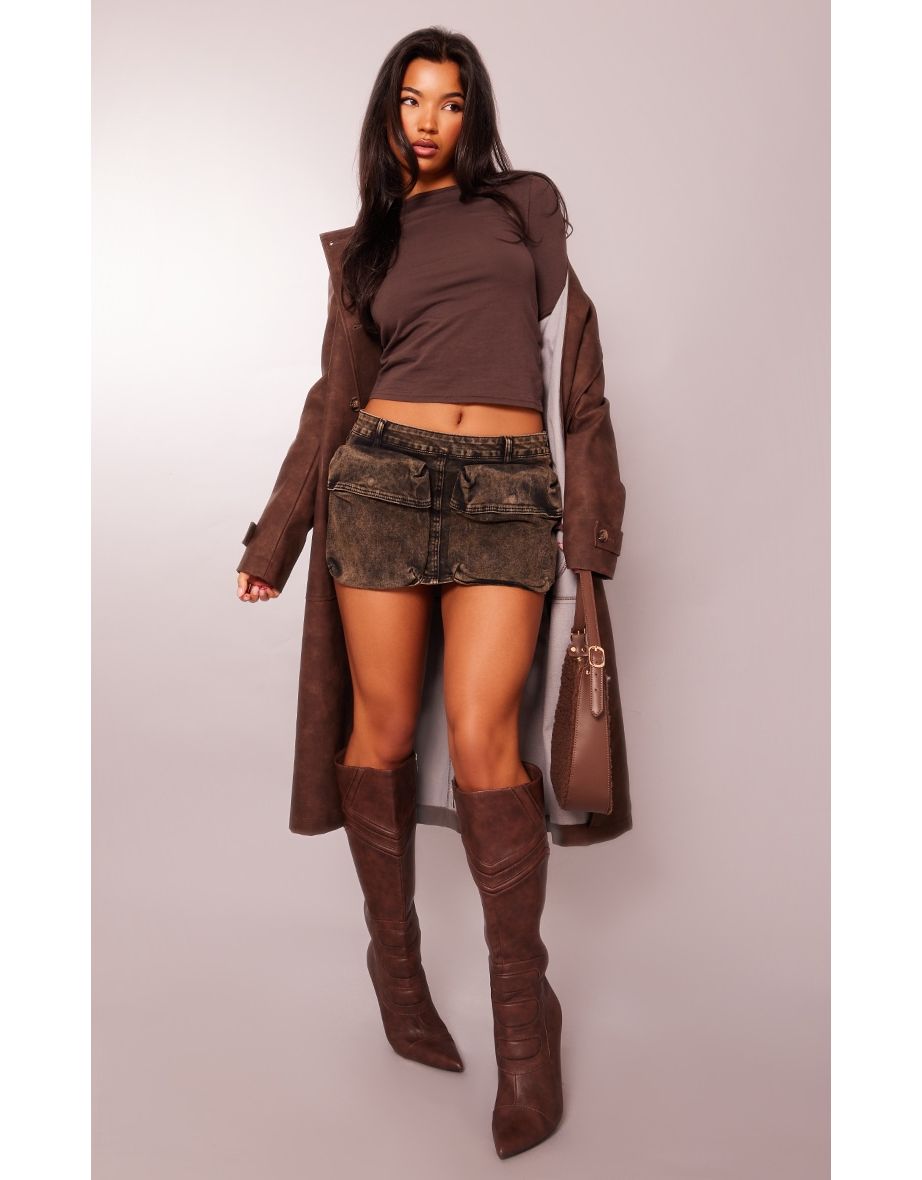 Black Acid Wash Pocket Detail Low Rise Micro Mini Denim Skirt