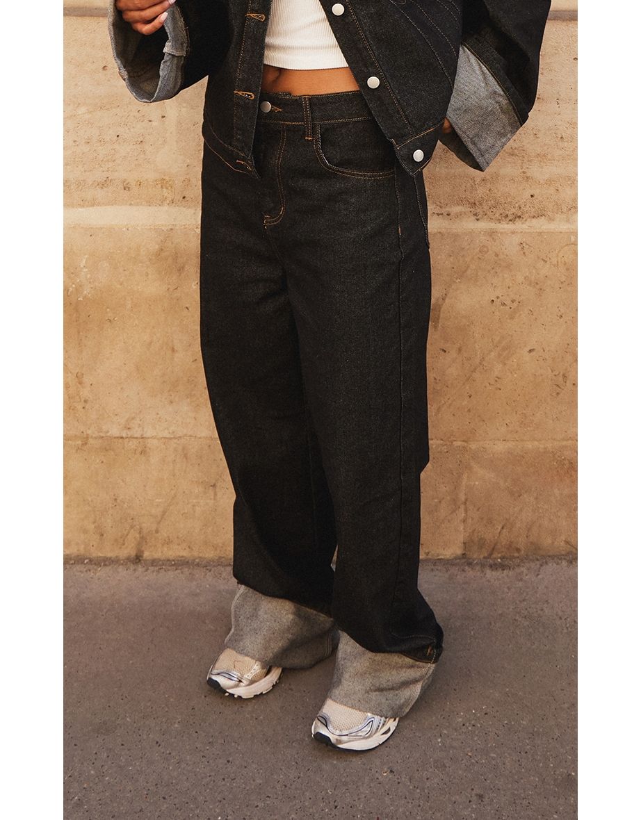 Raw Indigo Wash Contrast Stitch Turn Up Hem Wide Leg Jeans