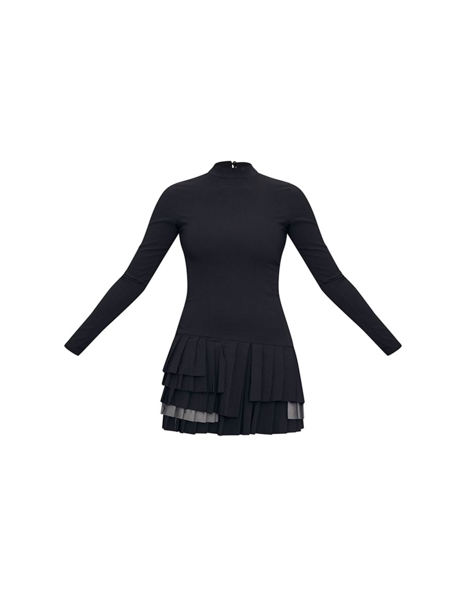 Black Stretch Woven Extreme Pleated Long Sleeve Shift Dress - 4