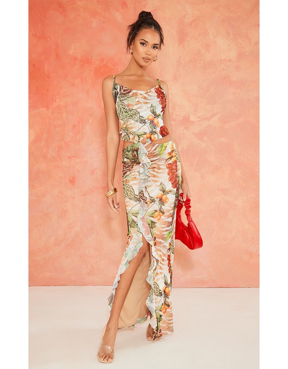 Green Mesh Fruit Print Cut Out Frill Midaxi Dress