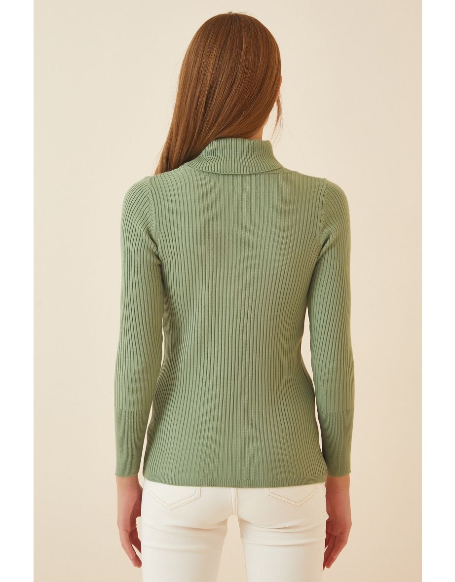 Women's Turquoise Turtleneck Corduroy Lycra Sweater - 1
