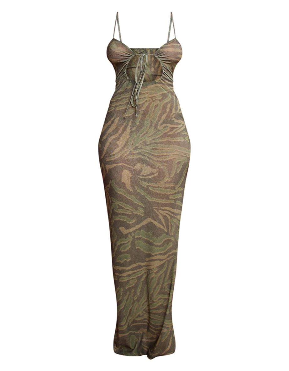 Shape Green Zebra Printed Sheer Mesh Cut Out Maxi Dress - 4