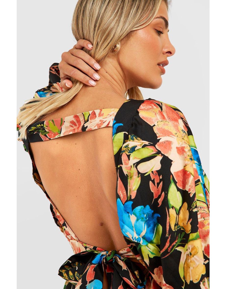 Floral Ruched A-Line Mini Dress with Long Sleeve - 3