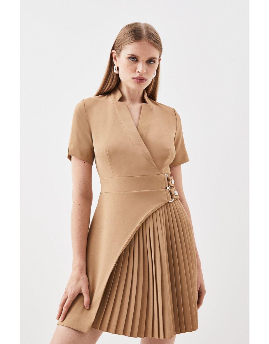 Military Pleat Notch Neck Wrap Mini Dress