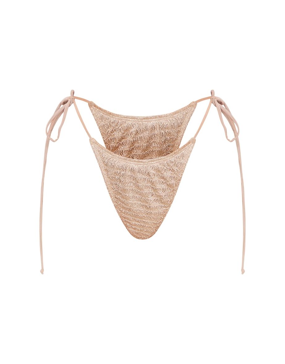 Beige Textured Tie Side Bikini Bottoms - 4