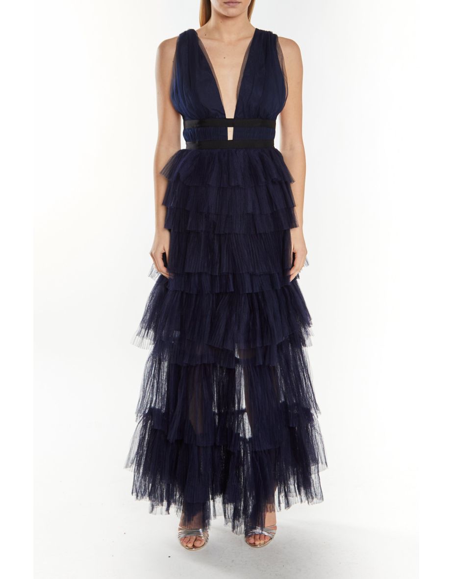 True Decadence Navy Chiffon A-Line Maxi Skater Dress with Ruffles