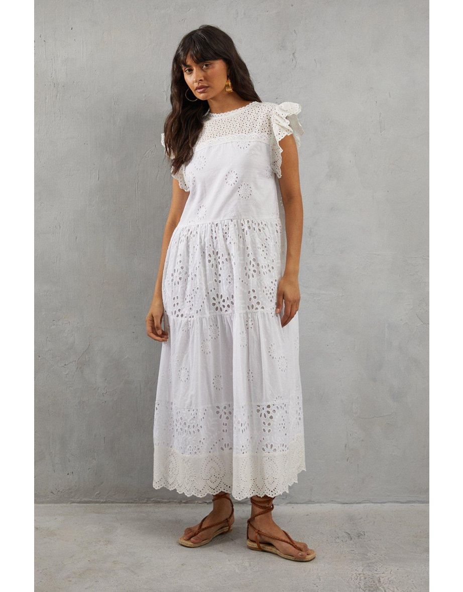 Broderie Mix Tiered Midi Dress