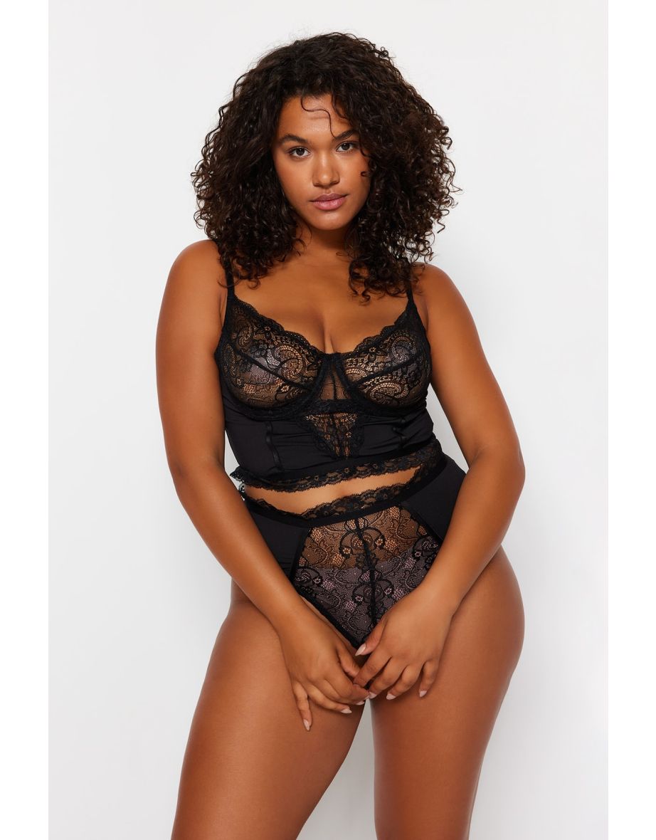 Plus Size Underwear Set - Black - Plain - 6
