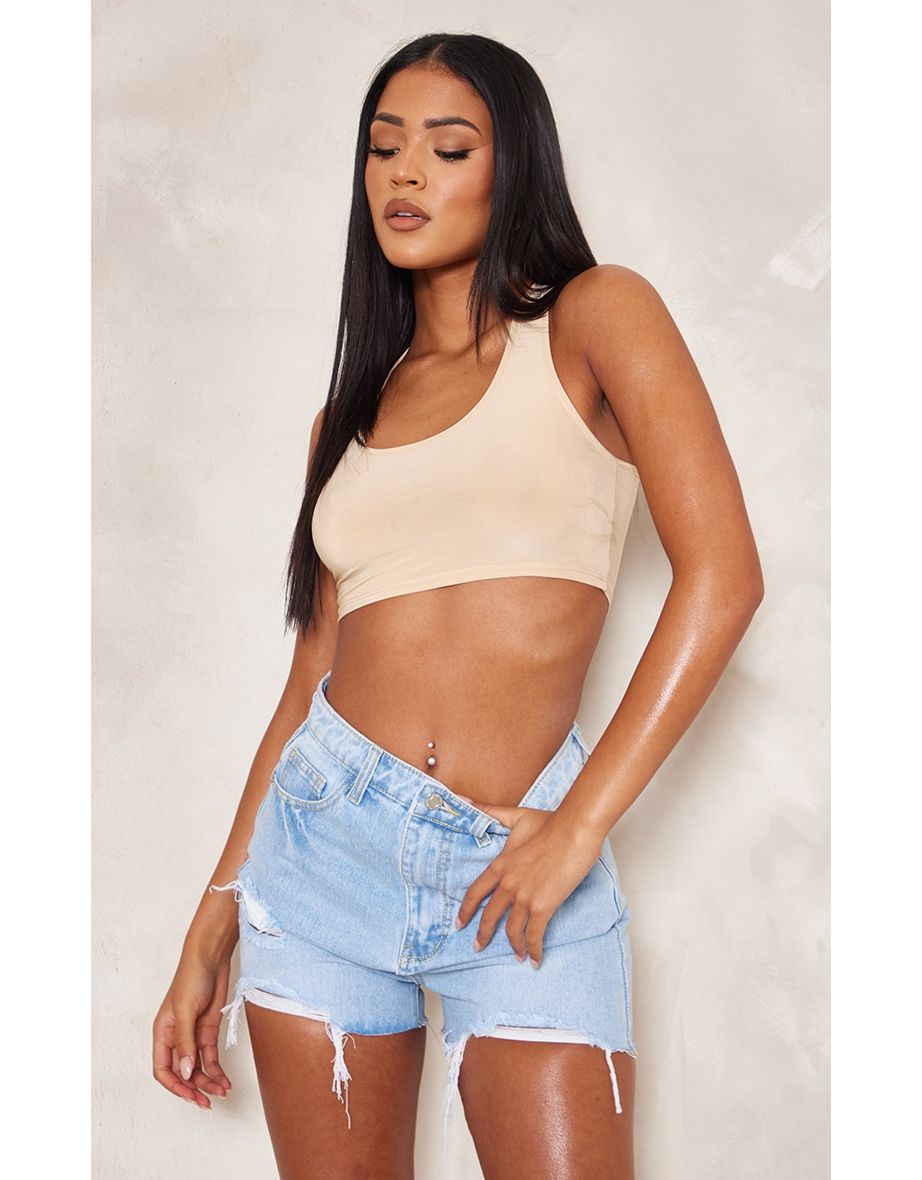 Tall Light Blue Wash Distressed Denim Shorts