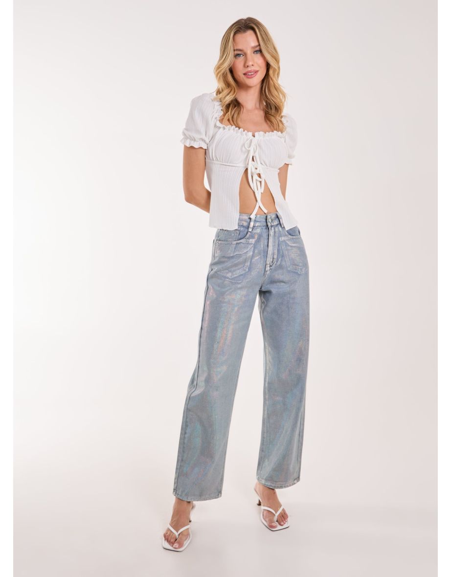 Tie Front Puff Sleeve Blouse