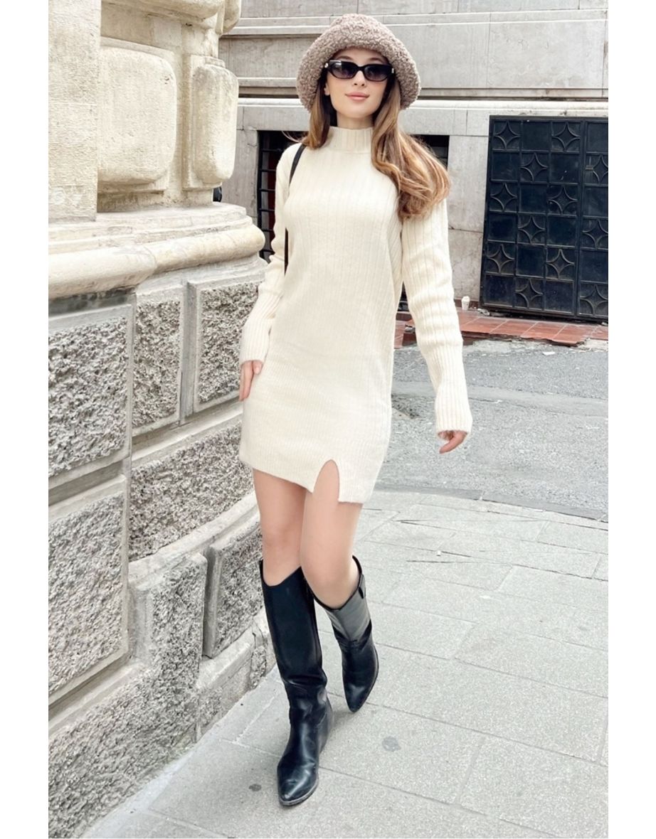 Shop Beige Column Mini Jumper Dress with Long Sleeves Online in Qatar VogaCloset