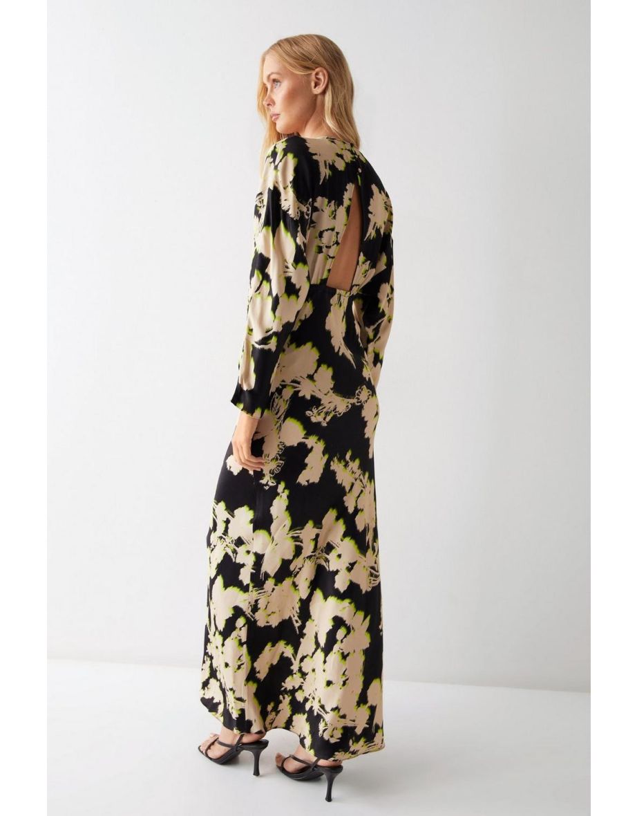 Petite Shadow Floral Print Premium Satin Batwing Dress - 3