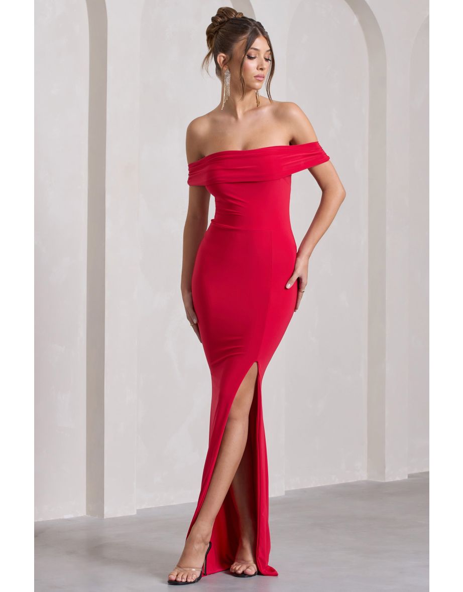 Law of Attraction | Red Bardot Draped Split Maxi Dress - 4