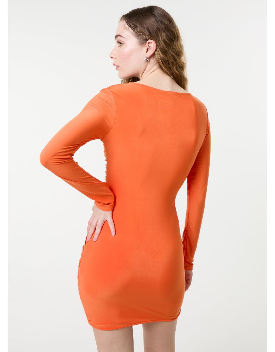 Square Neck Long Sleeve Gathered Mini Dress - 4