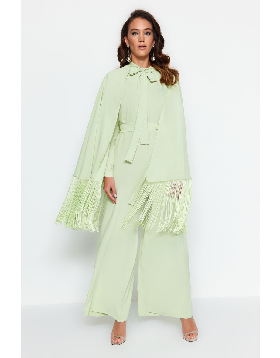 Light Green Tasseled Cape-Jumpsuit Evening Wear Suit