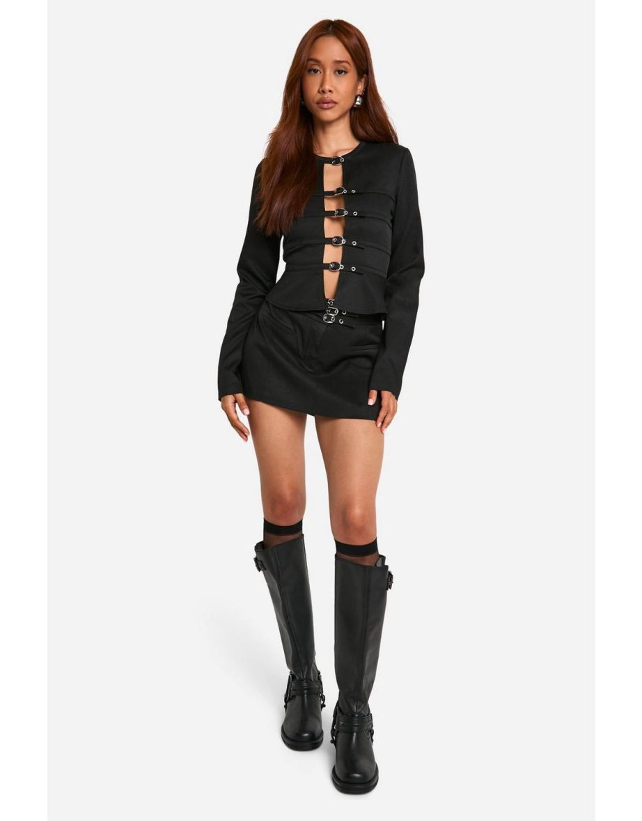 Tailored Micro Belt Long Sleeve Smock Top - black