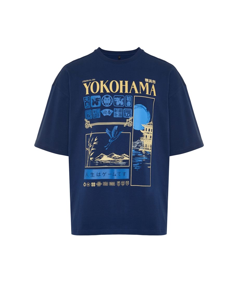 Navy Blue Men's Oversize Far East Printed 100% Cotton T-Shirt - 7