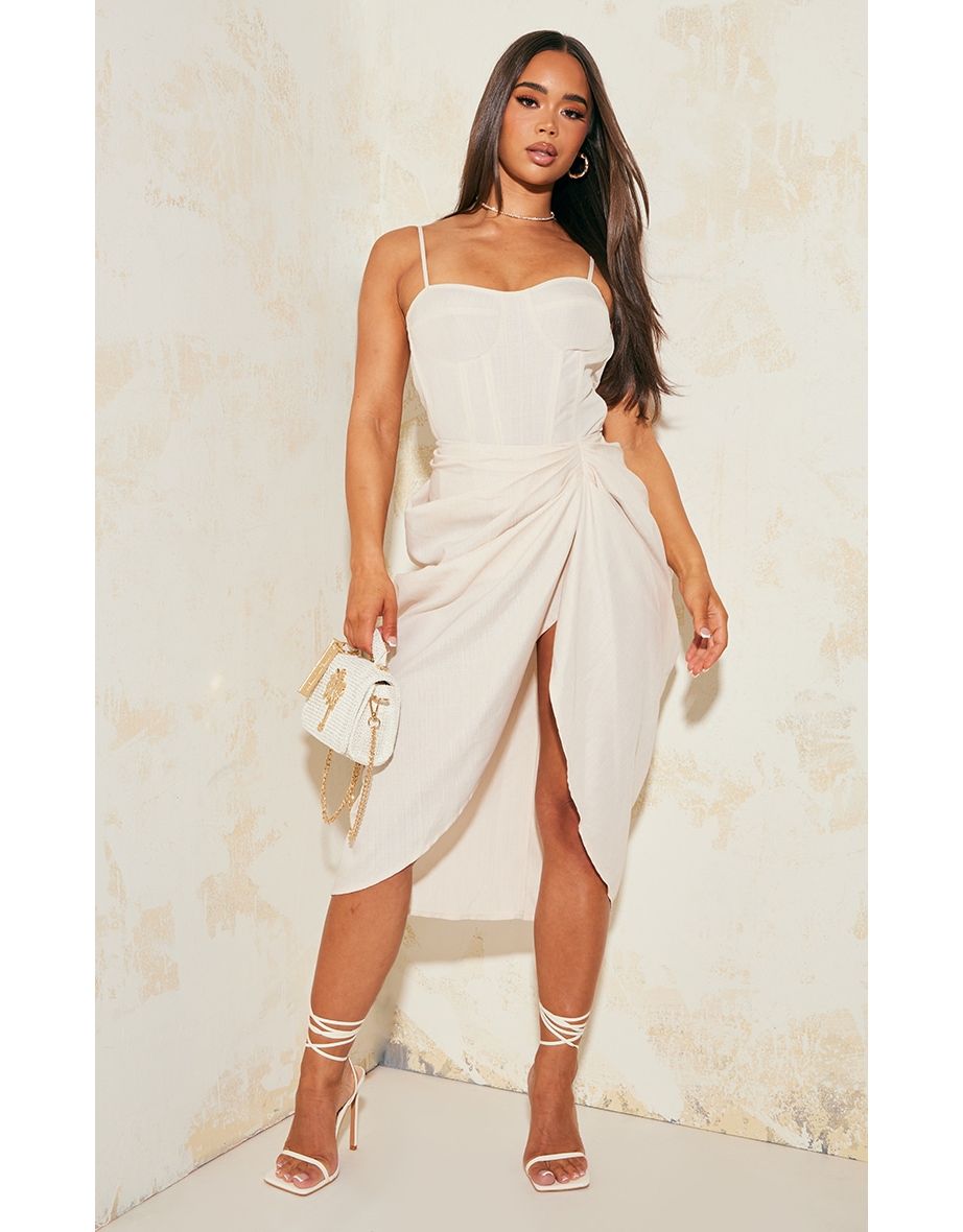 Stone Linen Look Ruched Side Midi Skirt
