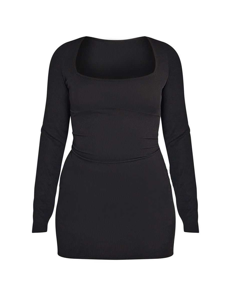 Black Ribbed Underbust Detail Long Sleeve Bodycon Dress - 4