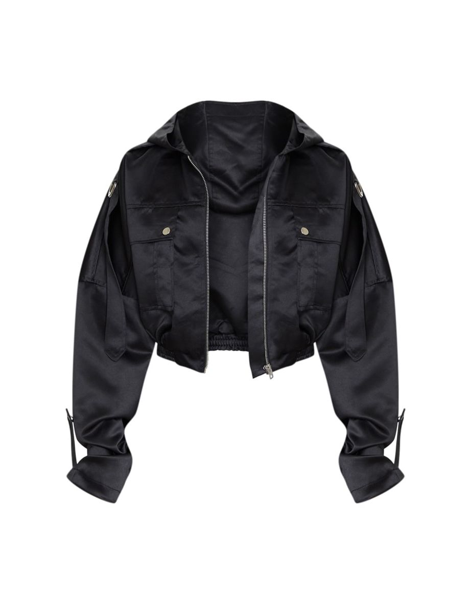 Black Satin Oversized Hooded Pocket Bomber Jacket - 4