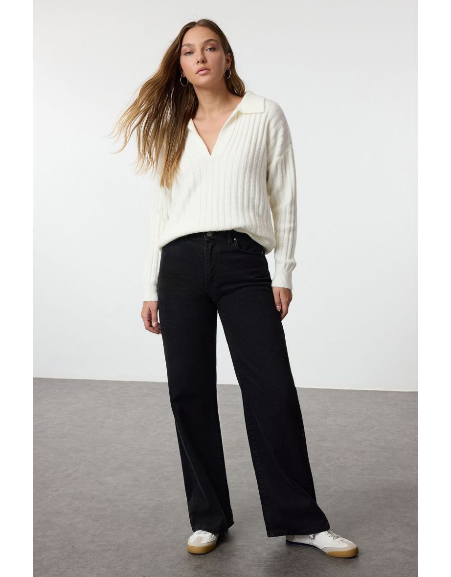 Ecru Soft Texture Polo Neck Knitwear Sweater