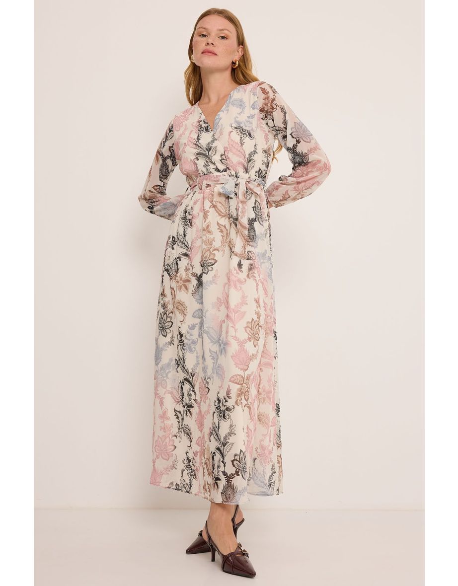 Women  Dusty Rose Black Floral Patterned Chiffon Dress