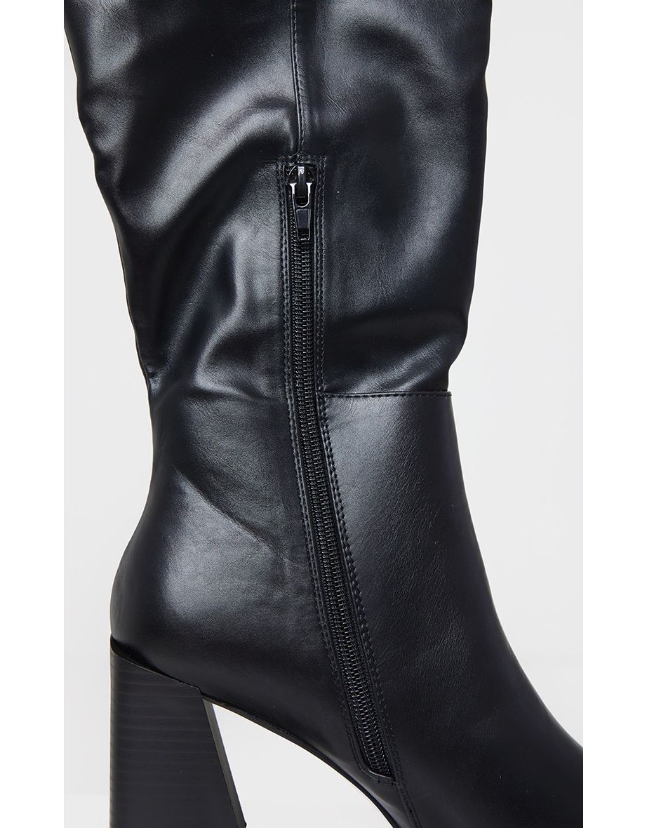 Black PU Flare Block Heel Square Toe Over Knee Boots - 3