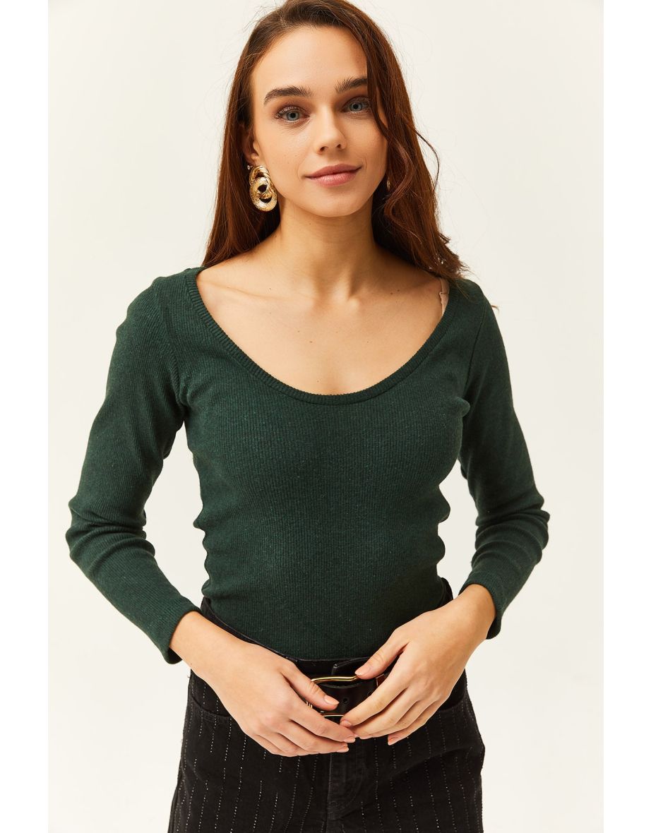 Women's Emerald Green Pool Neck Raised Lycra Blouse - 4