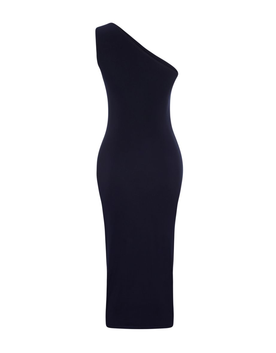 Navy Blue One Shoulder Draped Fitted Maxi Flexible Knitted Midaxi Dress - 7